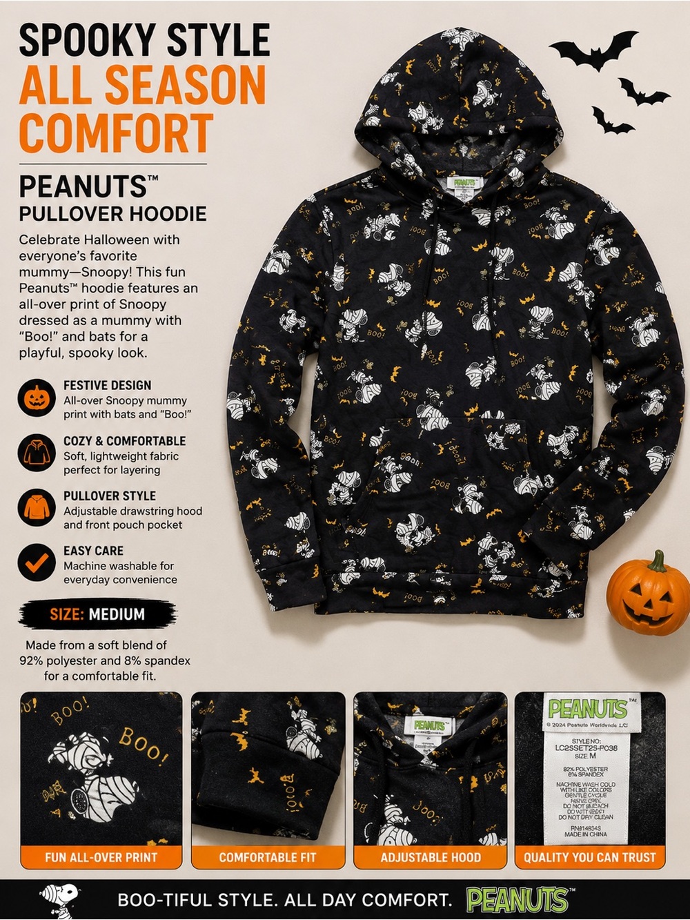 Peanuts Black Pullover Hoodie with Snoopy Mummy & Bat Print